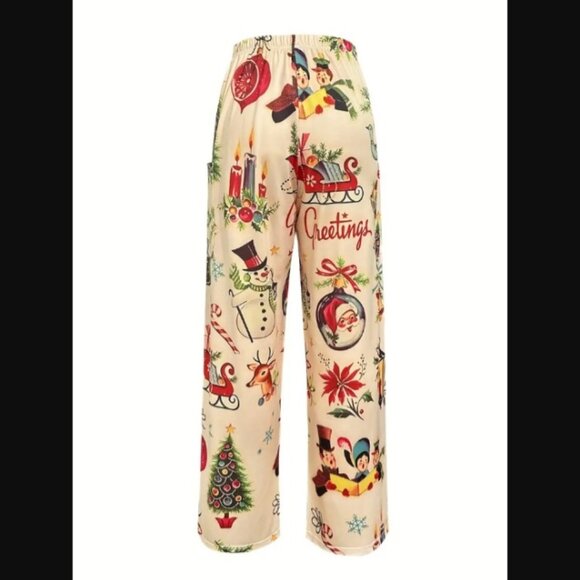 Christmas Fun Pajama Lounge Pants Wide Leg Holiday Vintage Print sz L NEW - Picture 2 of 2